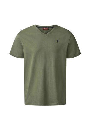 Oliwkowo-zielony T-shirt z krótkim rękawem i dekoltem w serek, z małym czarnym haftowanym logo na lewej piersi.