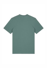 Korte mouwen T-shirt van zacht teal stof. Ronde hals en een relaxte pasvorm zonder zichtbare logo's of patronen. Glad textuur, eenvoudig ontwerp.