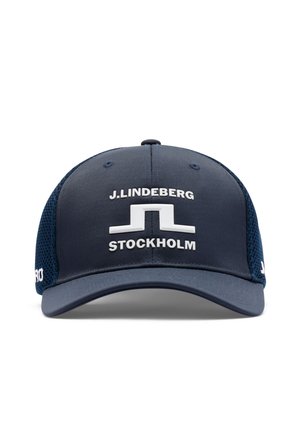 Navy blue baseball cap with mesh back, featuring white "J.LINDEBERG STOCKHOLM" text and logo on front.