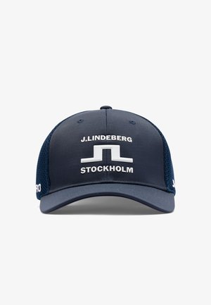 Navy blue baseball cap with mesh back, featuring white "J.LINDEBERG STOCKHOLM" text and logo on front.