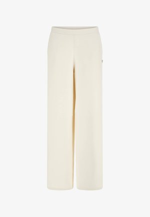 Wide-leg trousers in a light cream fabric. Features a smooth texture, a flat waistband, and a side pocket with a subtle logo detail.