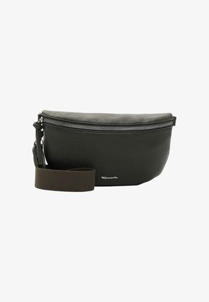 Banane en cuir texturé noir avec fermeture éclair argentée et sangle tissée sombre ajustable, petit logo métallique au centre avant.