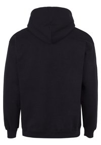 Sudadera negra con capucha hecha de tela suave, que presenta mangas largas, un bolsillo tipo canguro y puños y dobladillo de canalé. Se muestra la vista posterior.