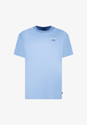 Lichtblauw T-shirt met korte mouwen en ronde hals, met een kleine "Palm Beach" en globe afbeelding gedrukt op de linkerborst.