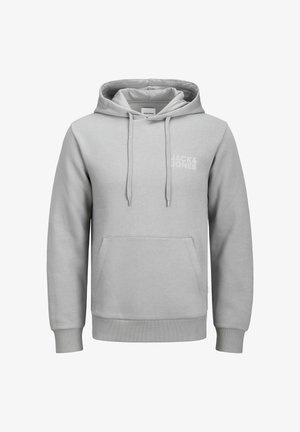 Grå hettegenser med frontlomme, snorer og en diskret "JACK & JONES"-logo. Laget av mykt materiale med ribbestrikkede mansjetter og kant.