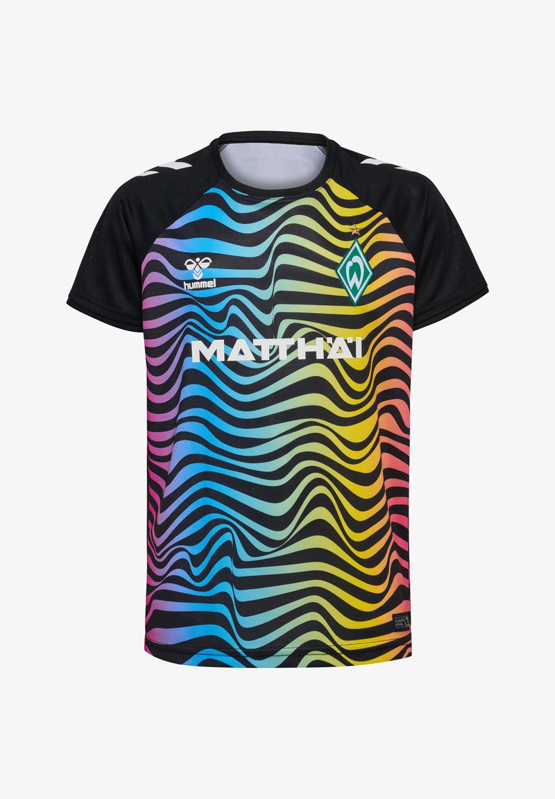 Maillot à manches courtes avec un motif de vagues coloré en bleu, rose, jaune et noir, avec un col ras du cou et des accents de logo.