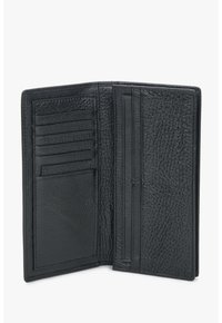 Black leather wallet with a textured finish, featuring multiple card slots, a larger compartment, and minimalist design.