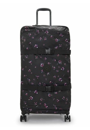 Black wheeled suitcase featuring a floral pattern with purple and blue accents, secured with black straps and a durable handle for easy transport.