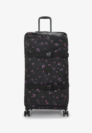 Valigia nera con ruote caratterizzata da un motivo floreale con dettagli in viola e blu, fissata con cinghie nere e dotata di una maniglia resistente per un facile trasporto.