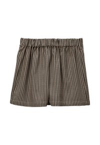 Shorts à motif pied-de-poule brun et crème avec une taille élastique, un devant plat et une coupe large.