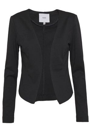 Černé slim fit sako vyrobené z měkké tkaniny, s moderním otevřeným designem vpředu, dlouhými rukávy a jemným leskem. Bez viditelných zapínání.