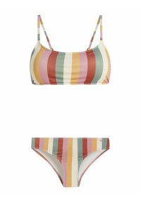Pruhované bikiny z jemného materiálu. Vrchná časť má tenké ramienka, horizontálne pruhy v ružovej, zelenej, oranžovej a krémovej farbe. Spodná časť je zodpovedajúci nízko posadený slip.