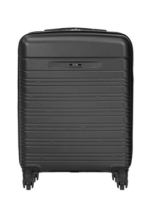 Kompaktowa czarna walizka twarda z teksturowanymi poziomymi liniami, czterema obrotowymi kółkami i górnym uchwytem na zamek błyskawiczny.