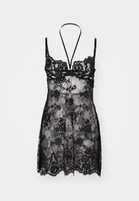 Black lace lingerie dress with underwire cups, thin adjustable straps, floral pattern, and scalloped hem, featuring sheer fabric and intricate detailing.