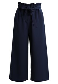 Marinblå vida byxor med hög, rynkad midja och ett matchande band att knyta. Slät tyg med en ren silhuett och utan synliga mönster.