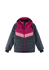 Giacca imbottita con cappuccio magenta e pannello superiore, maniche blu scuro e dettagli rosa; presenta chiusura con zip e polsini elasticizzati.