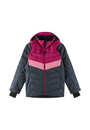 Gepolsterte Jacke mit einer magentafarbenen Kapuze und Oberteil, dunkelblauen Ärmeln und pinken Akzenten; verfügt über einen Reißverschluss und elastische Bündchen.