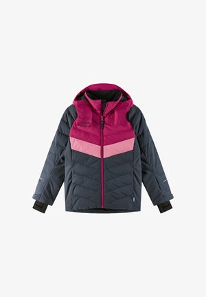Padded jacket with a magenta hood and upper panel, dark blue sleeves, and pink accents; features zip closure and elastic cuffs.