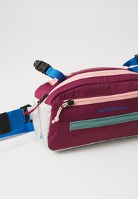 Fanny pack in burgundy and gray fabric with a blue strap. Features pink zipper and green accent. Includes adjustable strap and logo.