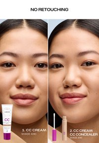 Twee naast elkaar geplaatste productafbeeldingen van gezichtscrèmes: een witte tube met paarse accenten met het label "CC Cream" en een beige container met het label "CC Concealer."