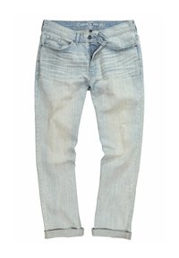 Vaqueros de mezclilla azul claro con corte recto, ligero desgaste, puños remangados y diseño de cinco bolsillos. Cierre con botón y cremallera.