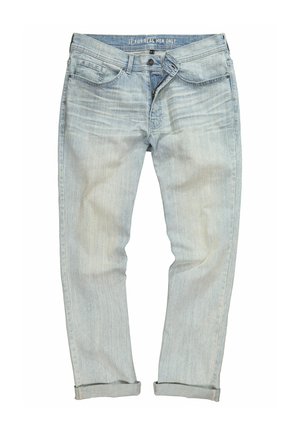 Vaaleansiniset farkut suoralla leikkauksella, kevyellä haalistuksella, käännetyillä lahkeensuilla ja viiden taskun mallilla. Varustettu nappi- ja vetoketjukiinnityksellä.