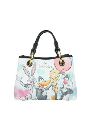 Borsa bianca con manici neri con i personaggi dei cartoni animati Bugs Bunny, Daffy Duck, Tweety e Sylvester, con cuori dai colori pastello.