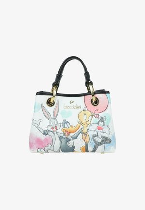 Borsa bianca con manici neri con i personaggi dei cartoni animati Bugs Bunny, Daffy Duck, Tweety e Sylvester, con cuori dai colori pastello.