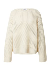Cremefarbener gestrickter Pullover mit lockerer Passform, der ein strukturiertes, offenes Gewebe, gerippte Bündchen und Saum für zusätzliche Details aufweist.