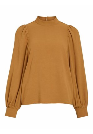 Senapsgul blus med hög krage, rynkade puffärmar och avslappnad passform. Texturerat tyg med en nyckelhålsknäppning bak.