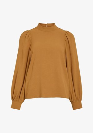 Blouse jaune moutarde avec un col haut, des manches bouffantes froncées et une coupe décontractée. Tissu texturé, avec une fermeture en keyhole à l'arrière.