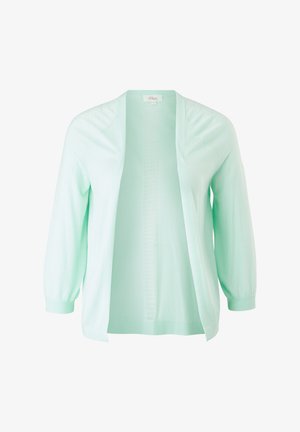 Mint green cardigan with long sleeves, open front, and knit texture. Features ribbed cuffs and hem. Lightweight knit fabric.