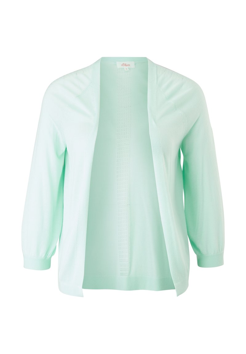 Mátově zelený kardigan s dlouhými rukávy, otevřeným předním dílem a pletenou texturou. Má vroubkované manžety a lem. Lehce pletená látka.