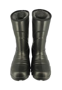 Zwarte rubberen laarzen met een glad, gestructureerd oppervlak, voorzien van een zachte grijze voering, een ronde neus en een geribbelde zool voor grip.