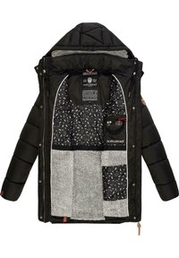 Black puffer jacket with a removable hood, featuring a plush gray fleece lining, patterned interior, zippered pocket, and logo details.