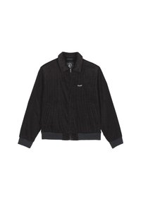 Veste noire en velours côtelé zippée avec col, deux poches avant, poignets et ourlet côtelés, avec un petit logo blanc sur la poitrine.
