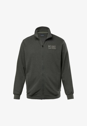 Dunkelgrauer Zip-Hoodie mit hohem Kragen, gerippter Textur, Seitentaschen und gesticktem Text "M 1997 ICONIC GARMENTS" auf der Brust.