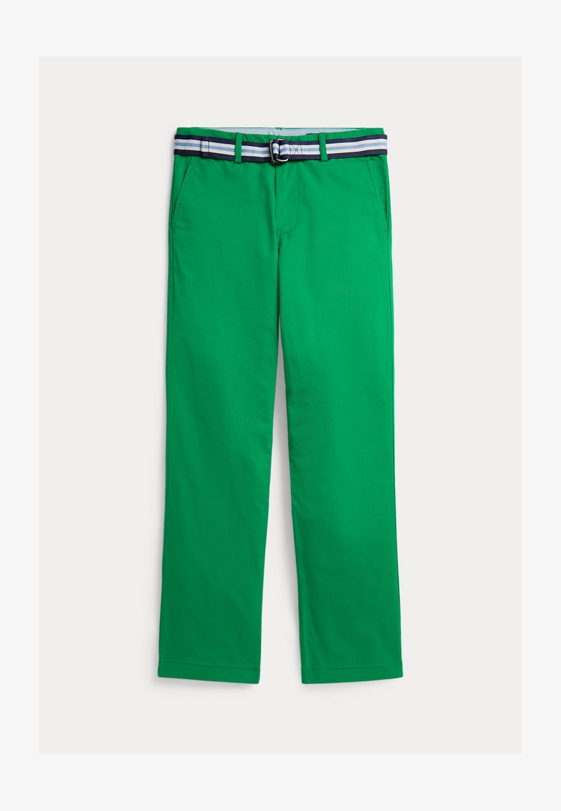 Pantalon en coton vert à coupe droite, doté d'une ceinture rayée bleu marine et blanche ainsi que de poches avant. Texture lisse, sans motifs visibles.
