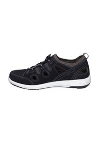 Black athletic shoe with a textured upper, contrast stitching, cutouts on the sides, and a white sole. Features a lace-up closure and pull tab.