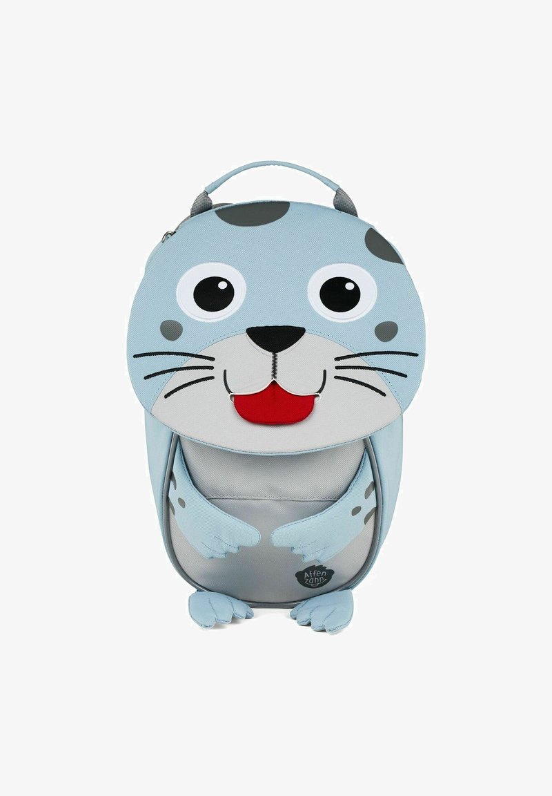 Light blue children's backpack shaped like a seal, featuring a round head with large eyes, a smiling mouth, and flipper-like straps.