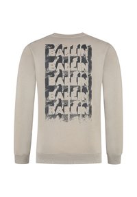 Beige sweatshirt met een grote, abstracte tekstgrafiek in donkergrijs met de tekst "BALLIN." Ribgebreide boorden en zoom, zachte textuur.