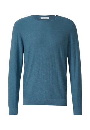 Maglione leggero blu realizzato in tessuto morbido, con scollatura rotonda e maniche lunghe con polsini e orlo a coste. Semplice, di colore uniforme.