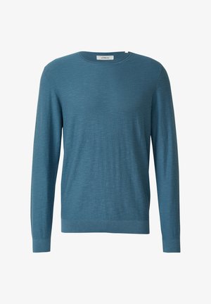 Maglione leggero blu realizzato in tessuto morbido, con scollatura rotonda e maniche lunghe con polsini e orlo a coste. Semplice, di colore uniforme.