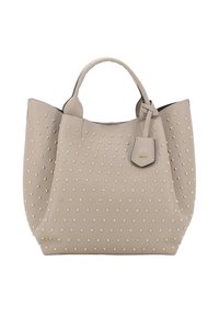 Sac fourre-tout en cuir beige avec des clous dorés, forme structurée, double anses et une petite étiquette détachable. Surface lisse.
