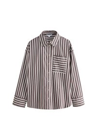 Braun-weißer gestreifter Button-Up-Hemd mit Kragen, langen Ärmeln, einer Brusttasche und goldfarbenen Knöpfen. Glatte Stofftextur.