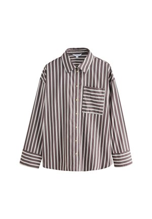 Brown and white striped button-up shirt with a collar, long sleeves, a chest pocket, and gold-tone buttons. Smooth fabric texture.