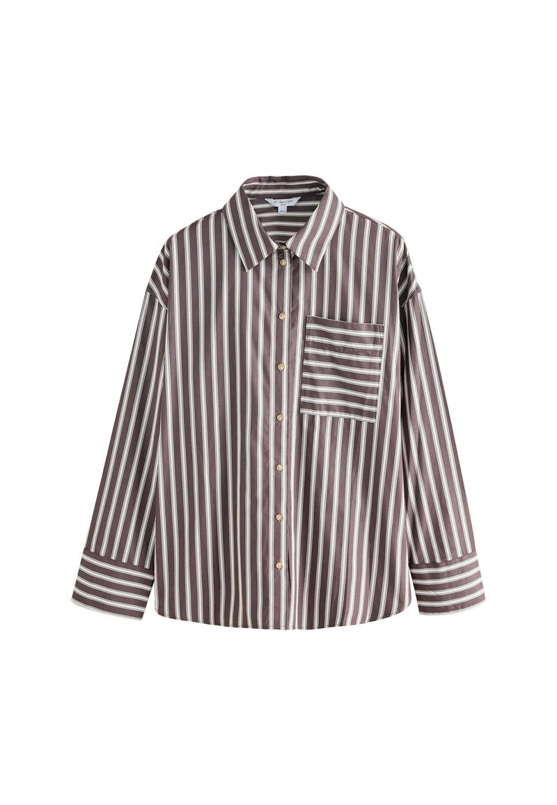Braun-weißer gestreifter Button-Up-Hemd mit Kragen, langen Ärmeln, einer Brusttasche und goldfarbenen Knöpfen. Glatte Stofftextur.