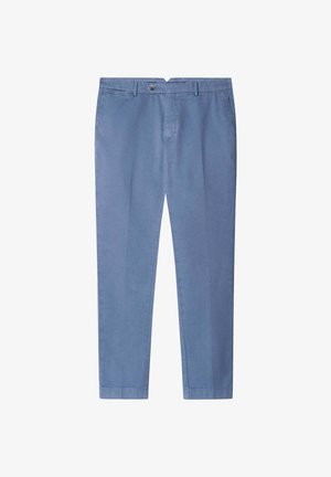 Pantaloni azzurri chiari in cotone; vestibilità slim con una texture liscia. Presentano una chiusura con un pulsante frontale e tasche laterali.