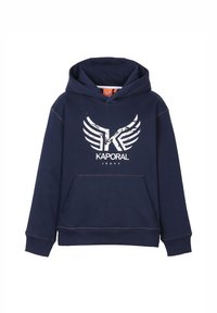 Hoodie bleu marine en tissu doux, avec une poche kangourou à l'avant et un logo graphique blanc avec un design d'aile sur la poitrine.