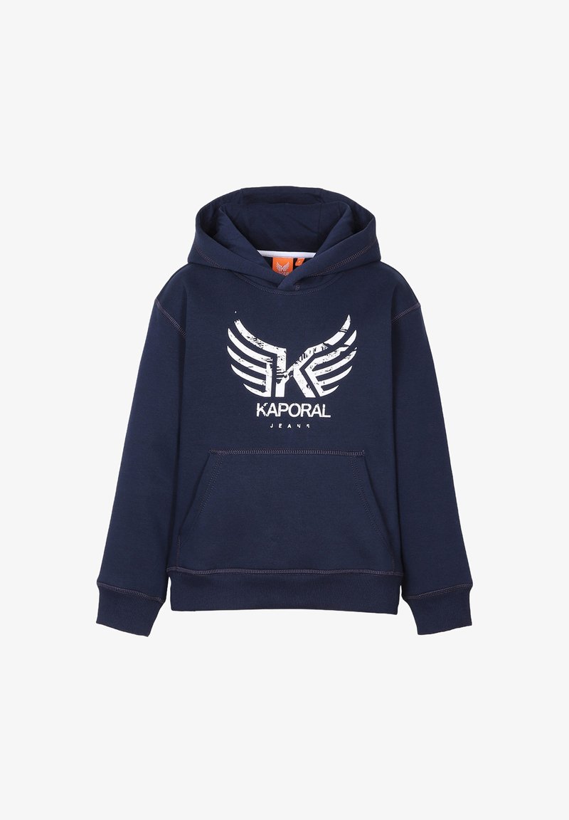 Hoodie bleu marine en tissu doux, avec une poche kangourou à l'avant et un logo graphique blanc avec un design d'aile sur la poitrine.